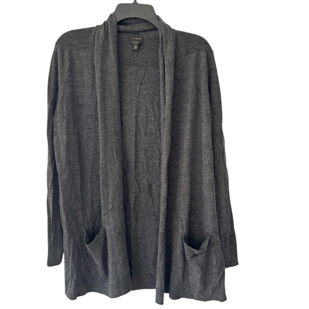 NWOT Talbots Gray Open-Front 100%Merino Wool Knit Cardigan SZ M